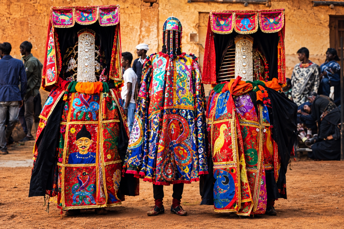 People wearing colorful traditional clothing in a decorated room